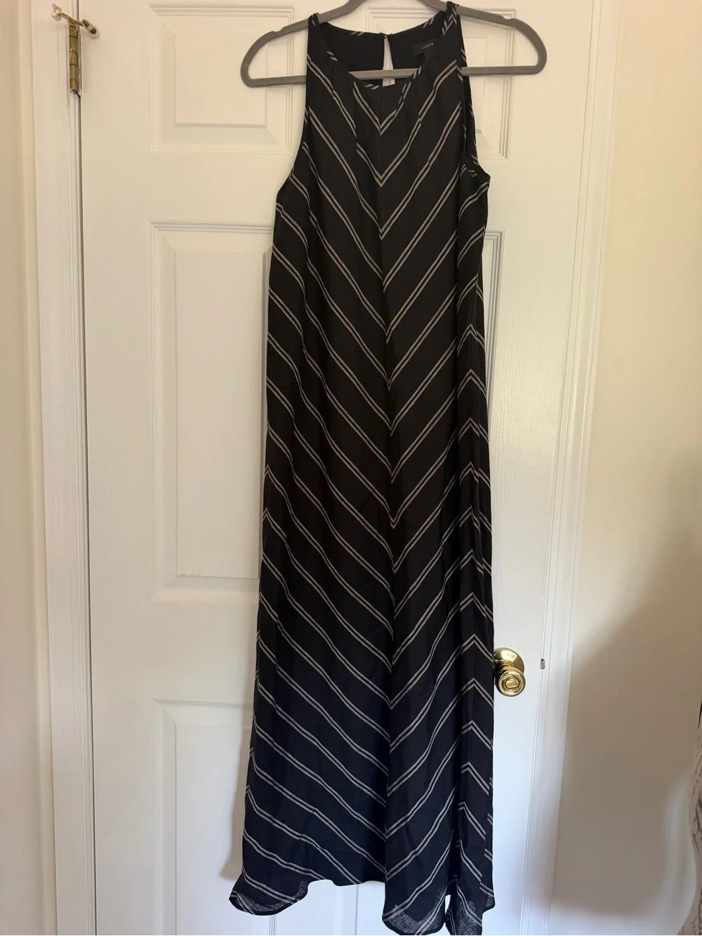 J. Crew Black Maxi Dress with White Chevron Stripes 100% Linen Natural Fibers